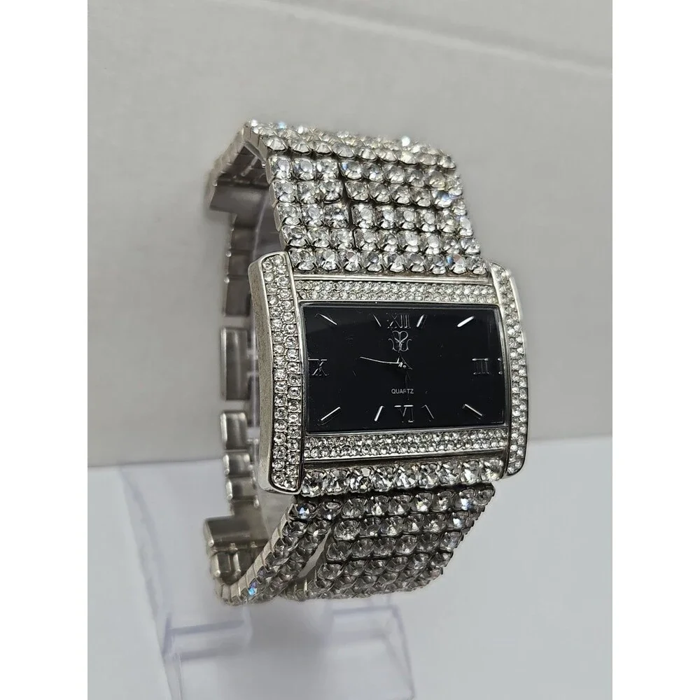 Suzanne Somers Womens Silver Tone Pave Crystal Wide Watch Black Dial New Battery